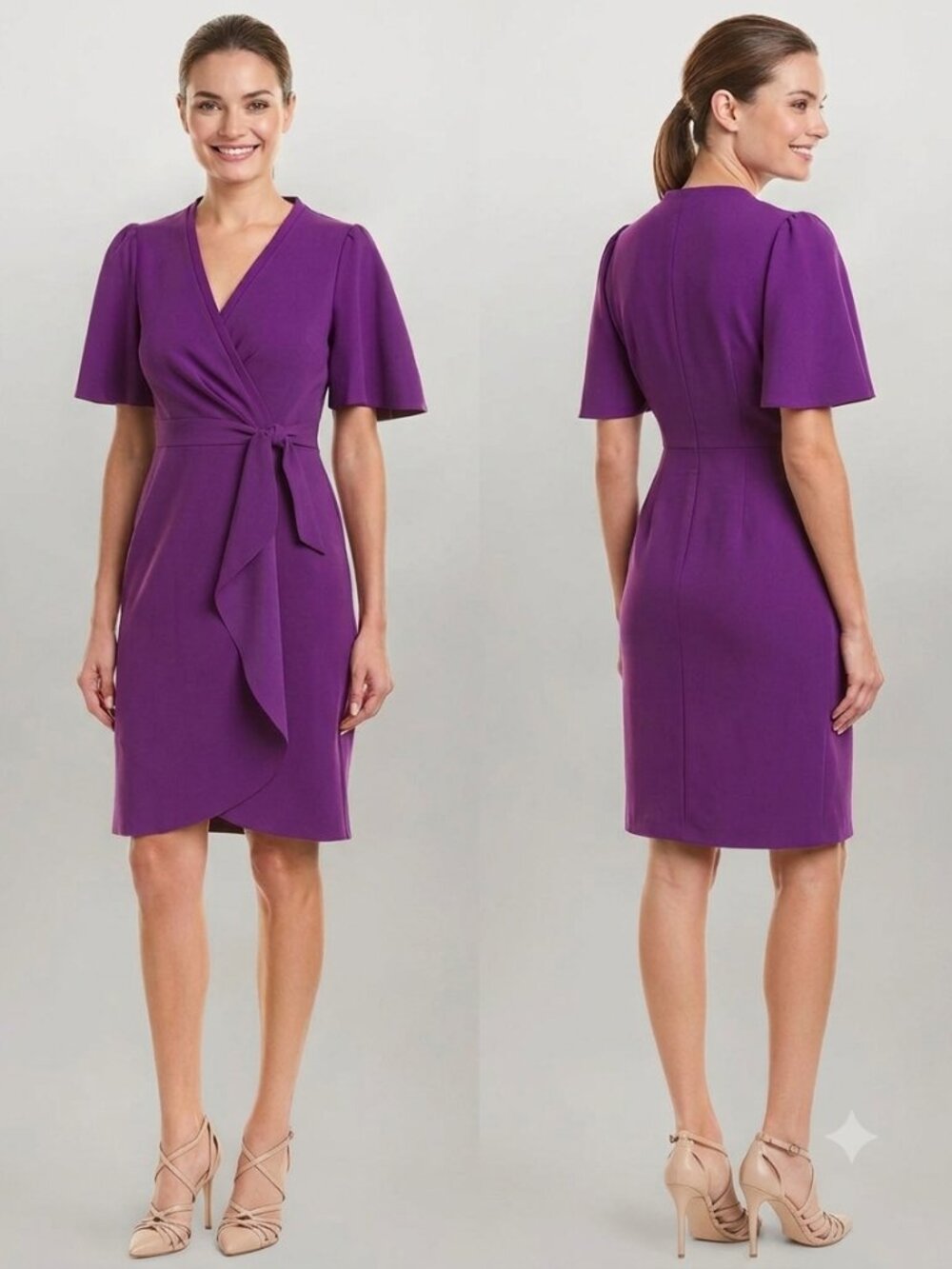 Donna Morgan Purple Faux Wrap Flutter Sleeve Dress Size 12